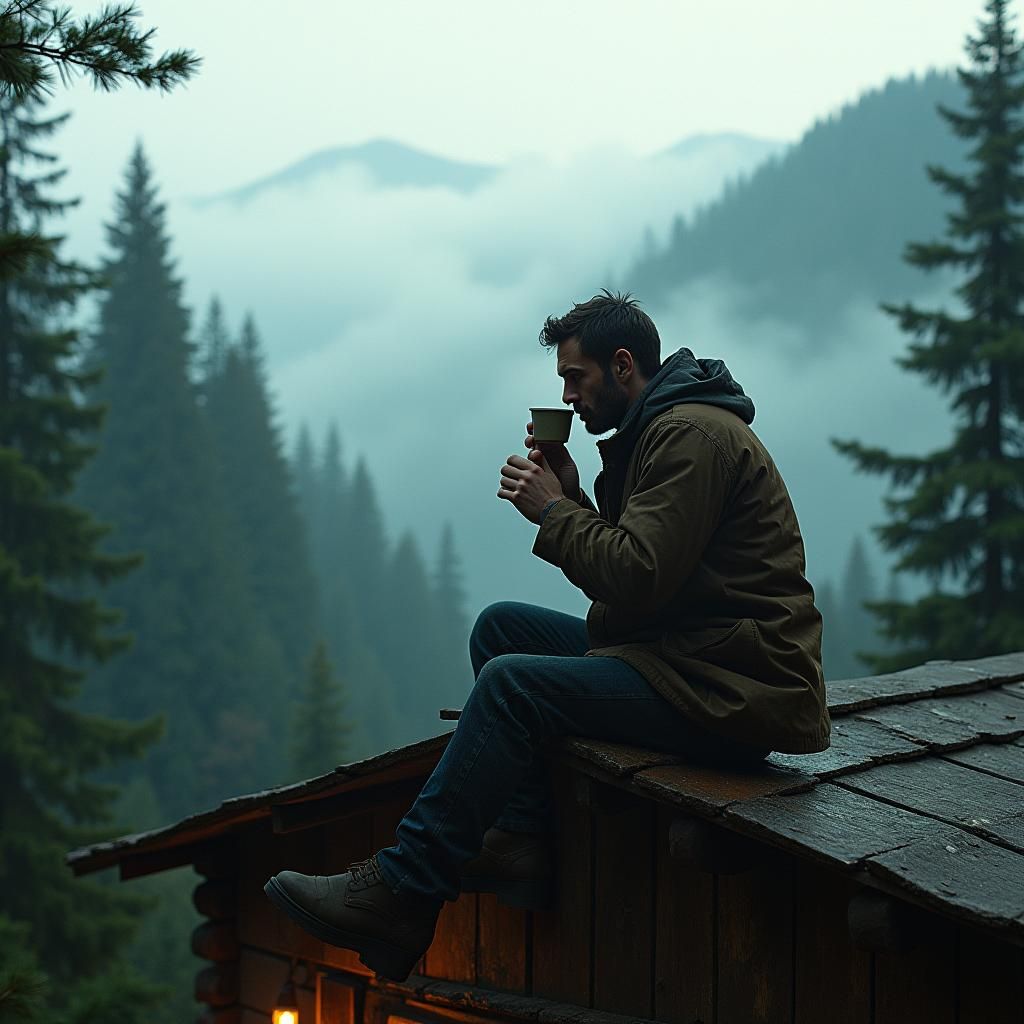 Man Sipping Coffee on Cabin Roof in Cinematic Style