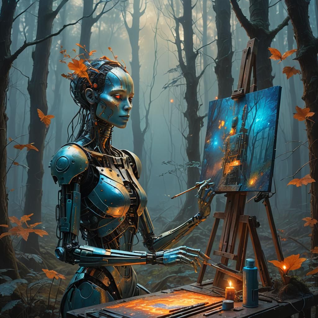 Cyborg Artist in Mystical Forest: Beksiński Style