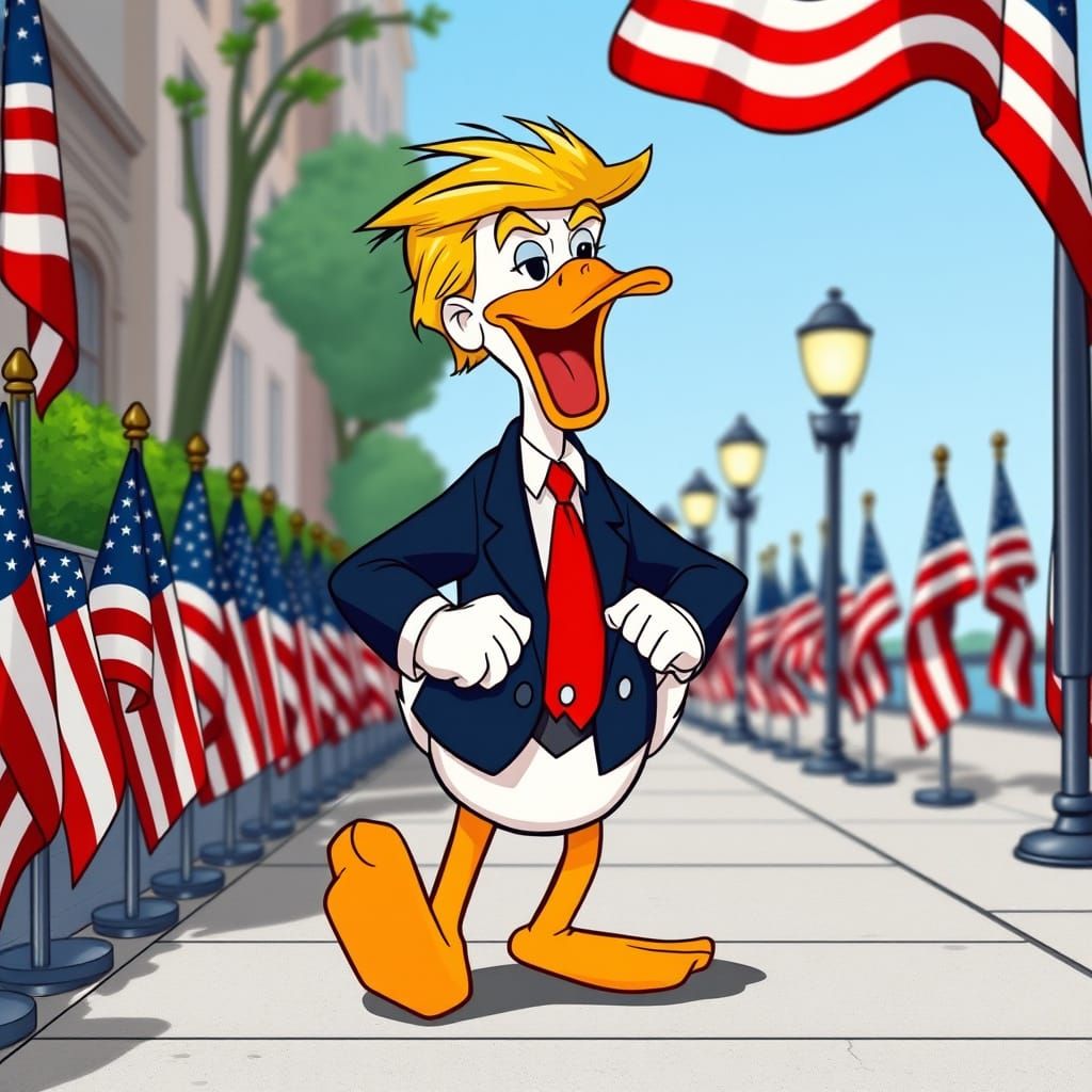 Confident Donald Trump as Donald Duck in 1940s Disney Style