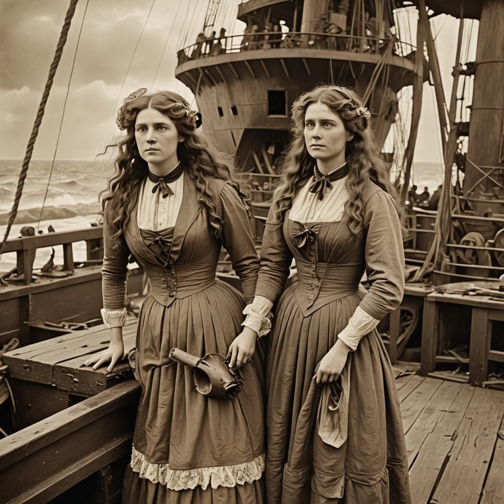 Edwardian Twins on Shipwreck in Sepia Tone