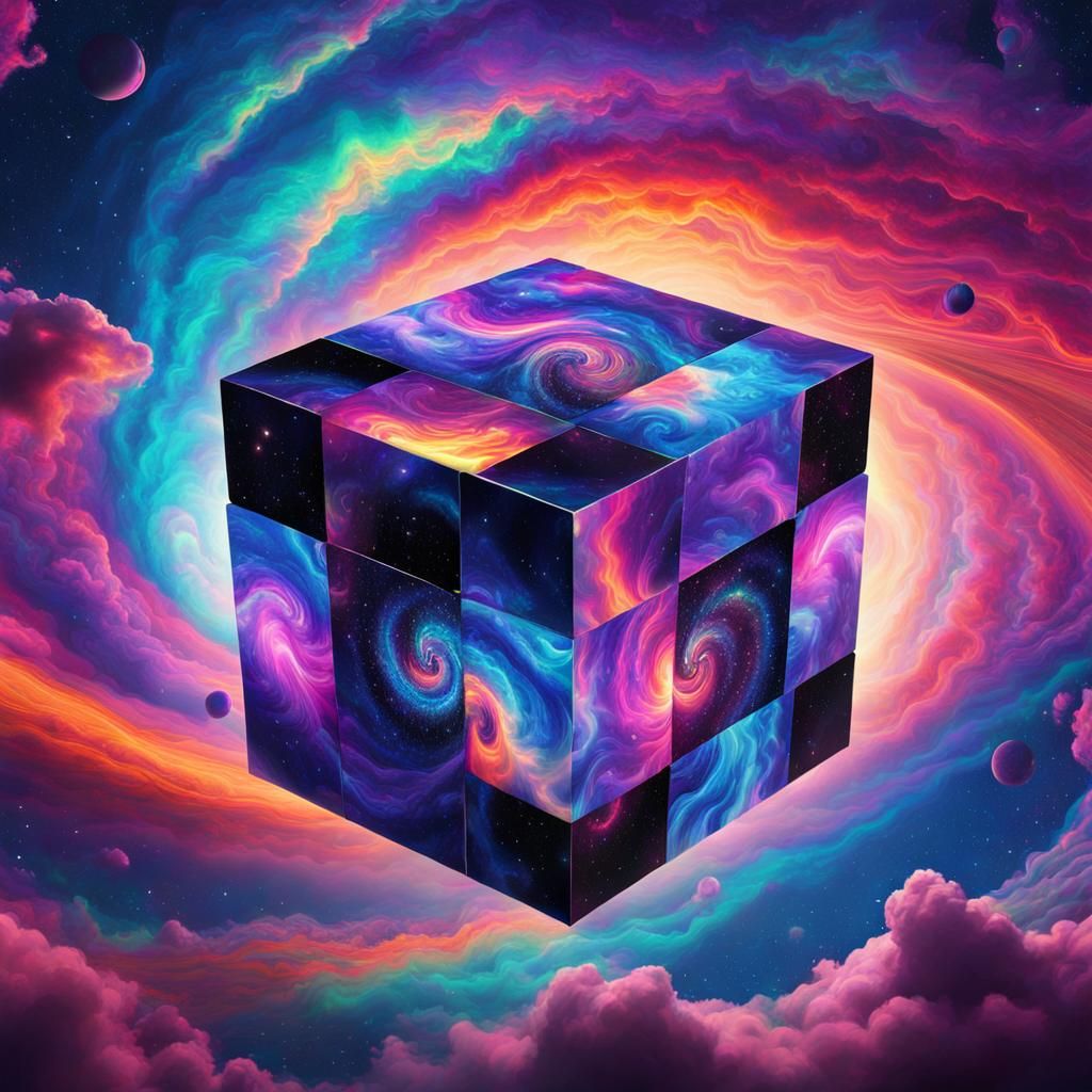 Glitchcore Galaxy Cube with Swirling Clouds