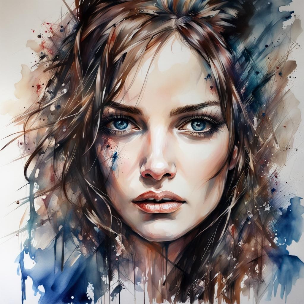 Watercolor Portrait of a Blue-Eyed Brunette