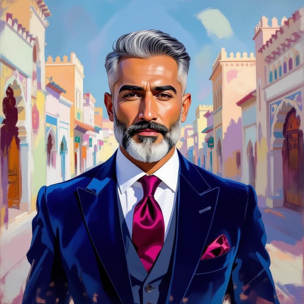 Arabian Man in Velvet Suit: Neo-Impressionist Gouache