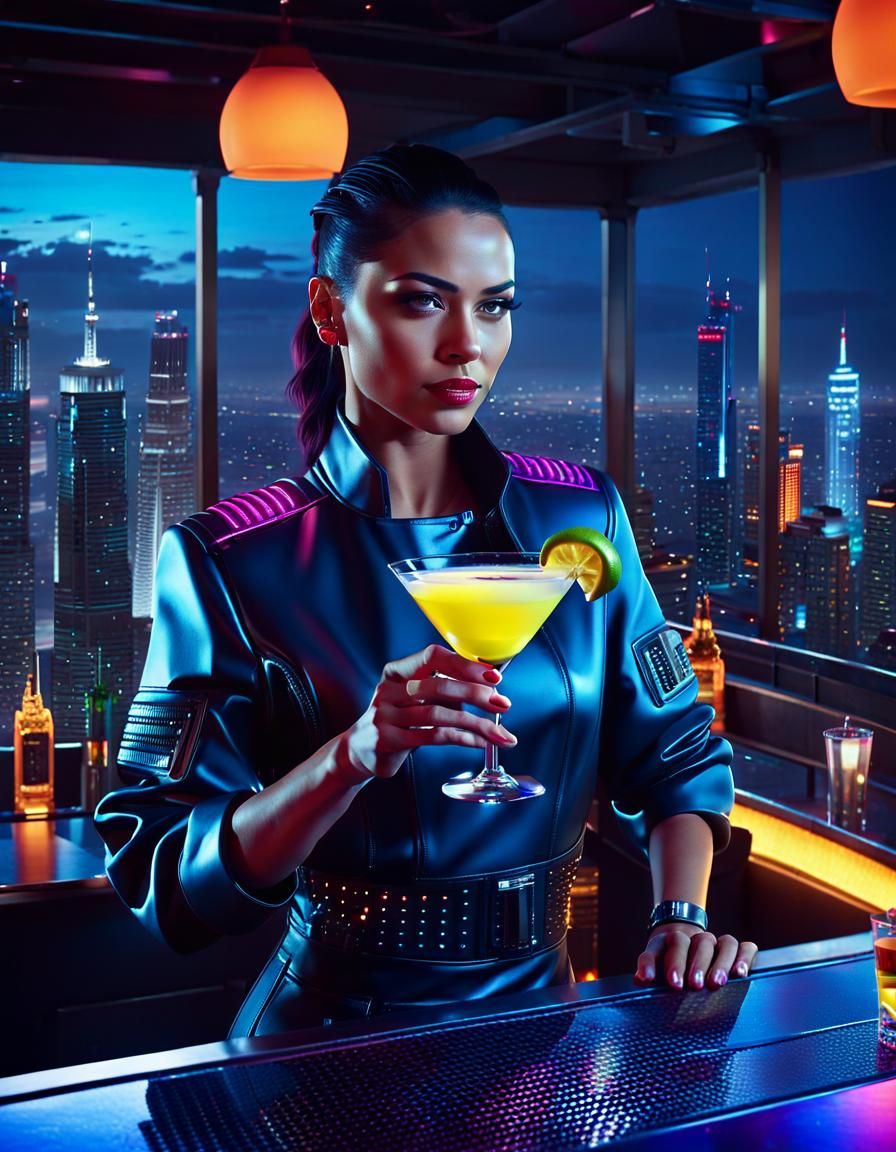 Cyberpunk Bartender Presents a Martini