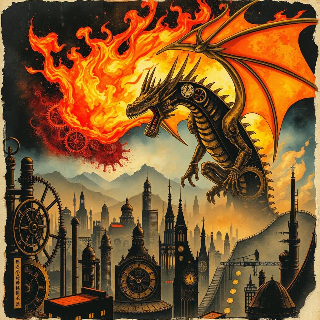 Mechanical Dragon Unleashes Fire Upon Steampunk Metropolis