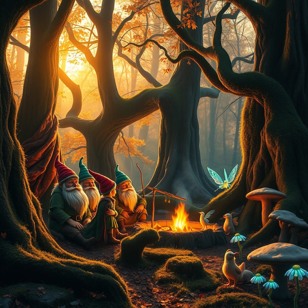 Enchanted Forest Scene with Dwarves and Fairies