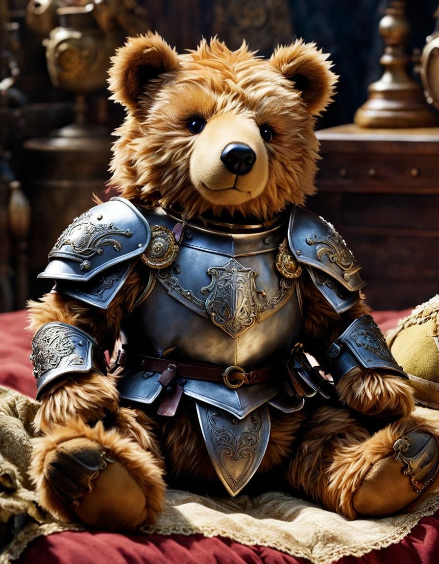 Battle-Worn Stuffed Bear Knight in Anime Style