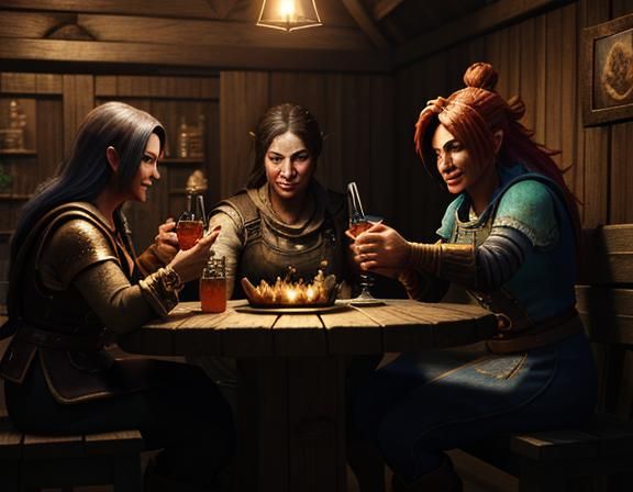 Goblins Toasting Cocktails in Rustic Tavern