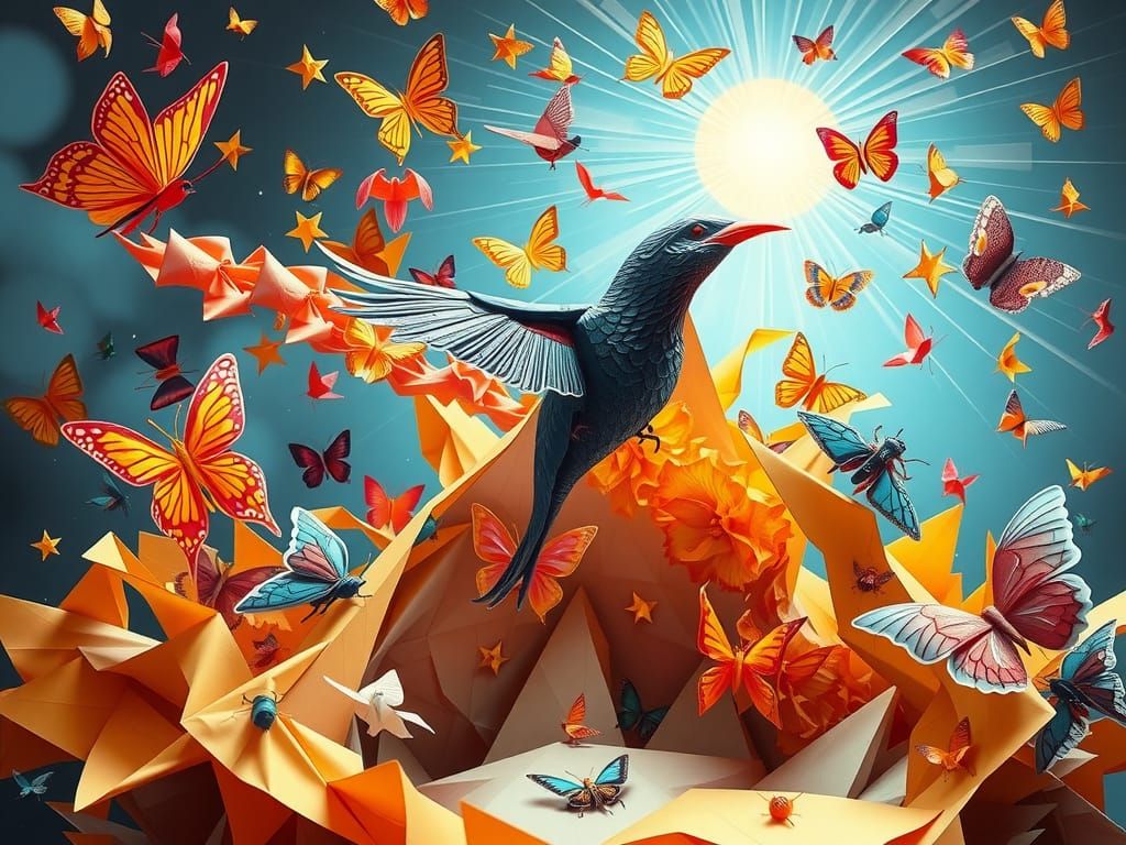 Origami Explosion: Paper Birds and Mystical Light