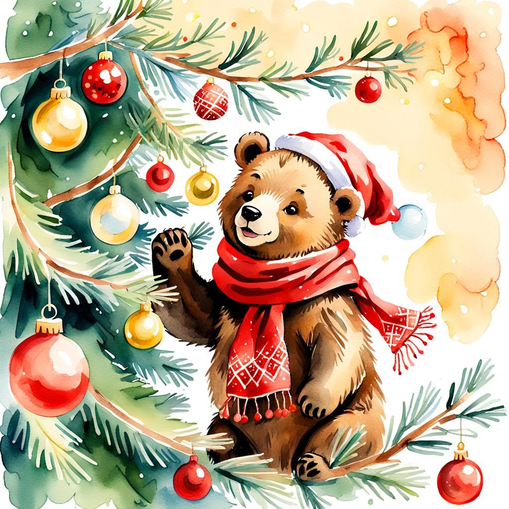 Whimsical Watercolor Christmas: Adorable Bear Cub Decorates...