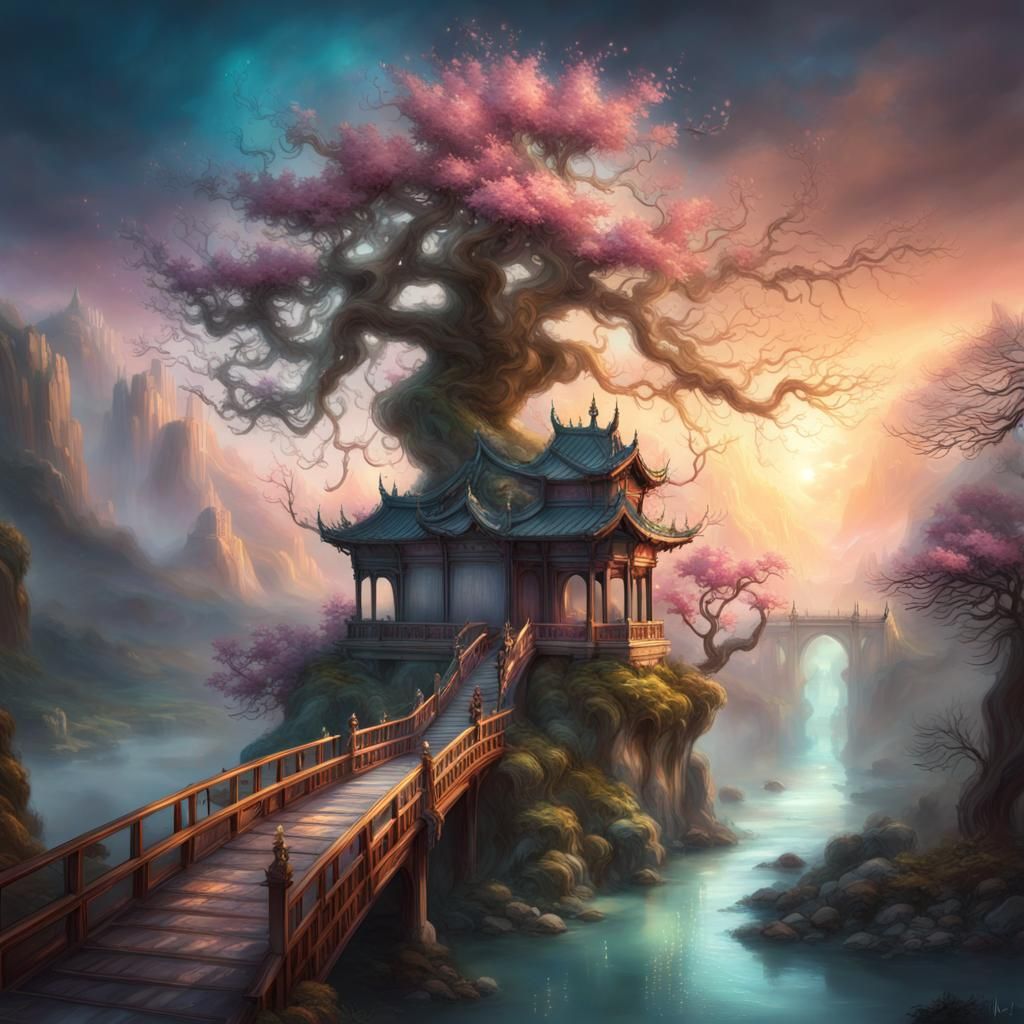 Fantasy Oriental Landscape with Temple at Sunset