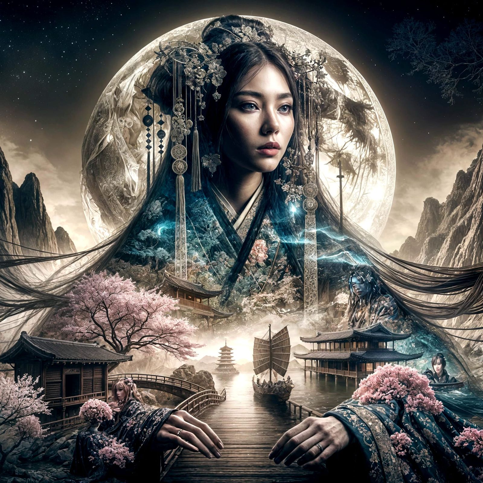 Double Exposure Portrait in Dark Fantasy Style