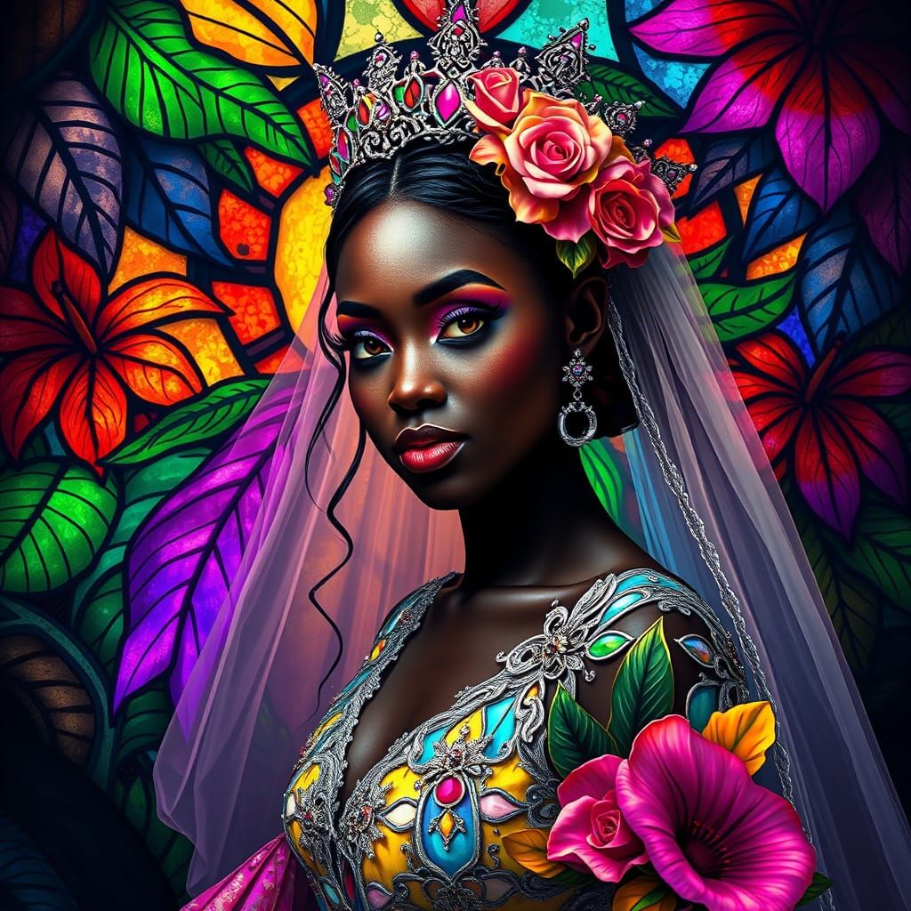 Ebony Bride in Tropical Stained Glass Wedding Gown in Fantas...