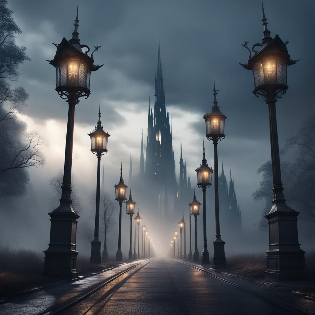 Misty Dark Road with Light Spires: Matte Painting