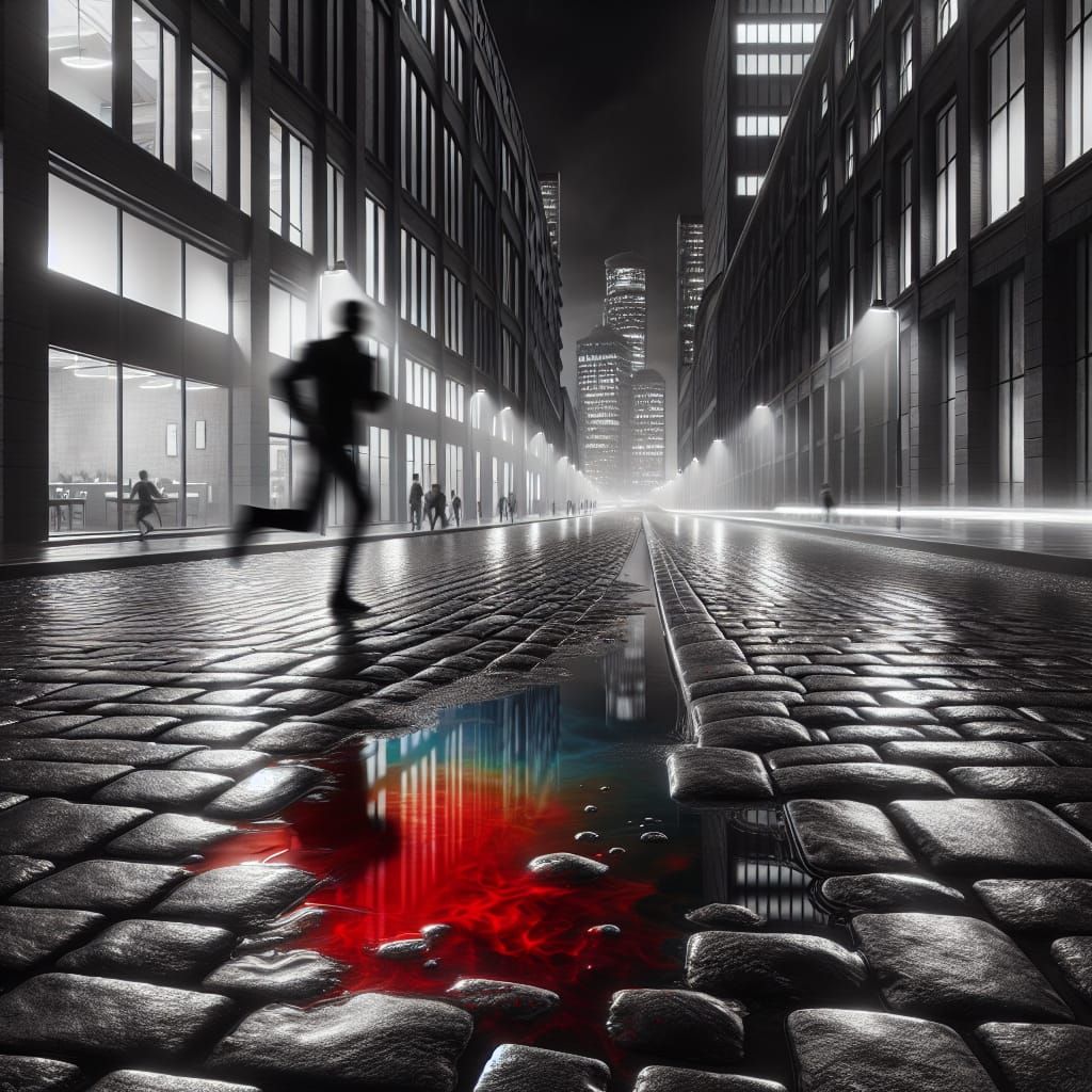 Hyperrealistic City Street at Night in Black and White