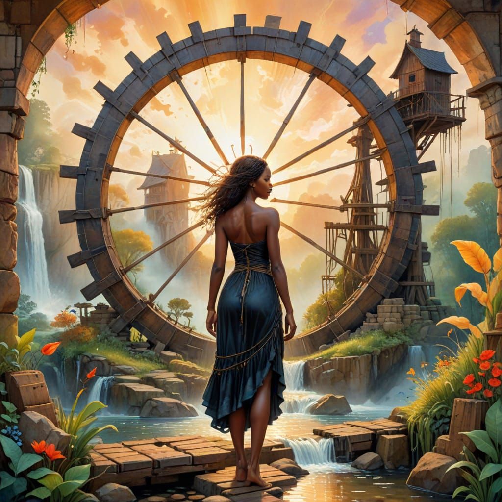 Surreal Watercolor of a Woman and Ancient Waterwheel in Vibr...