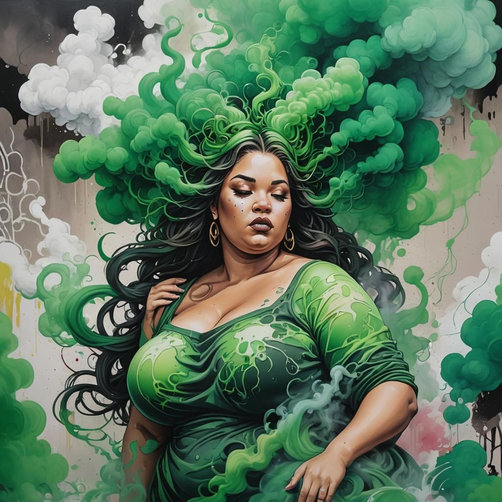 Green Smoke Goddess in Graffiti Art Style