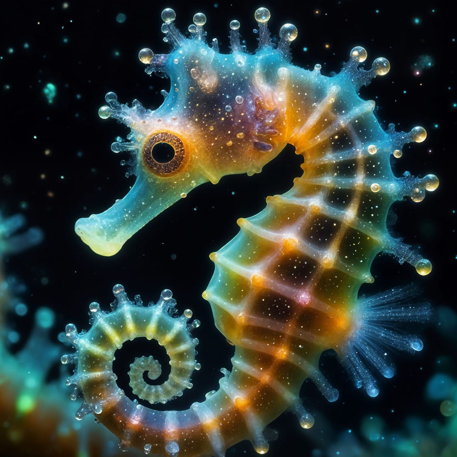 Bioluminescent Rainbow Seahorse in Deep Ocean Darkness