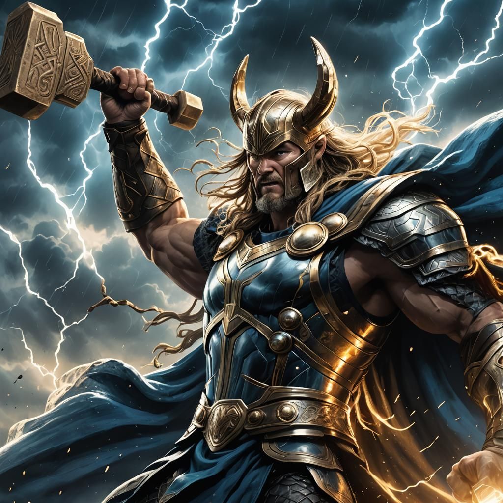 Thor Wields Mjolnir in Epic Battle, Digital Comic Art