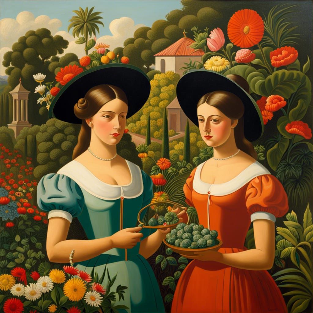 Two Women in Garden, Classical Painting Style