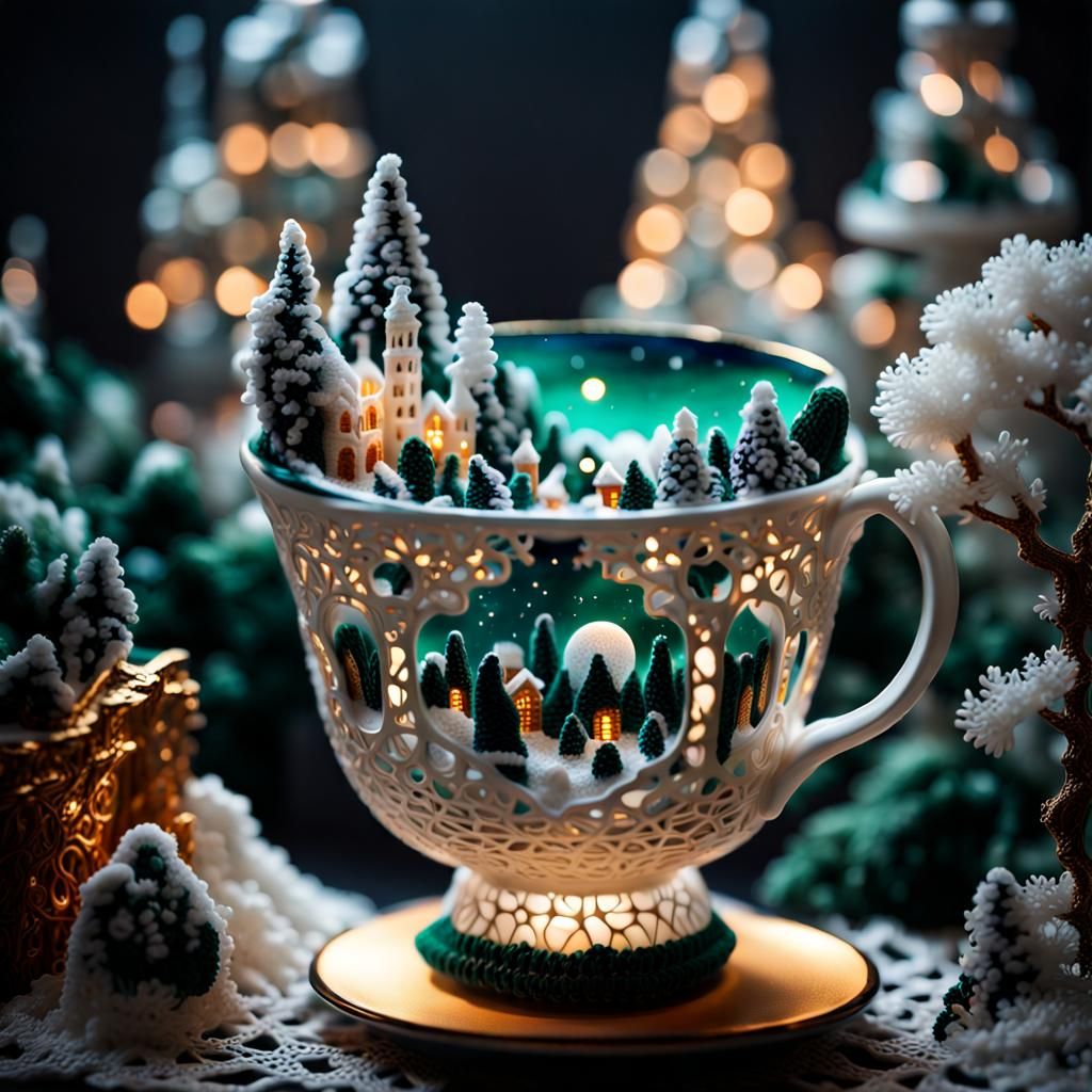 Miniature Crocheted World in Ornate Porcelain Cup