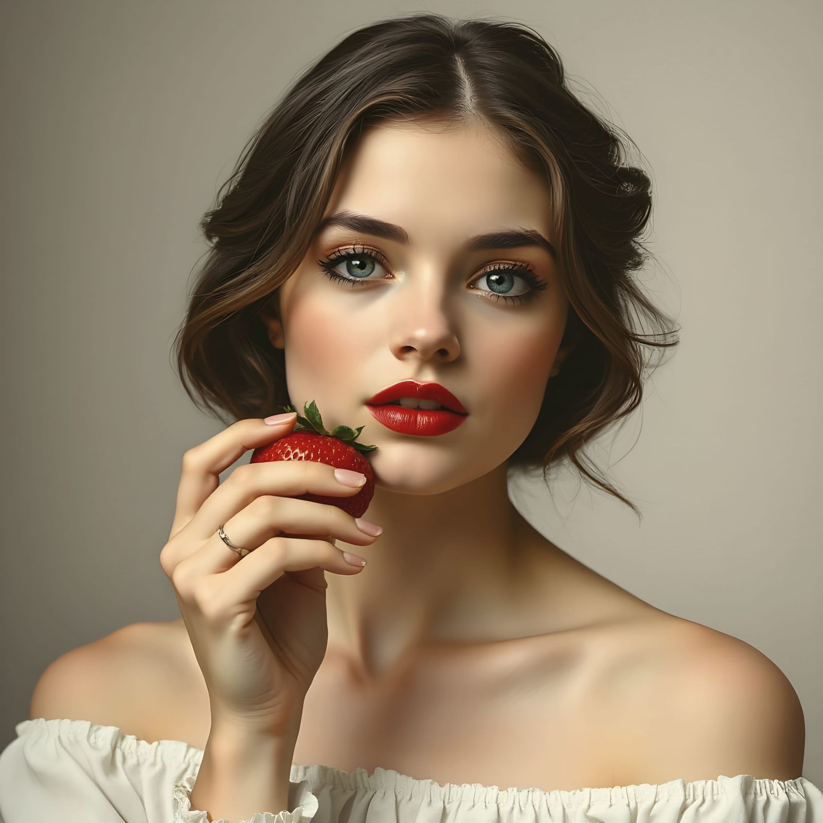 Woman's Red Lips Holding Strawberry, Art Nouveau