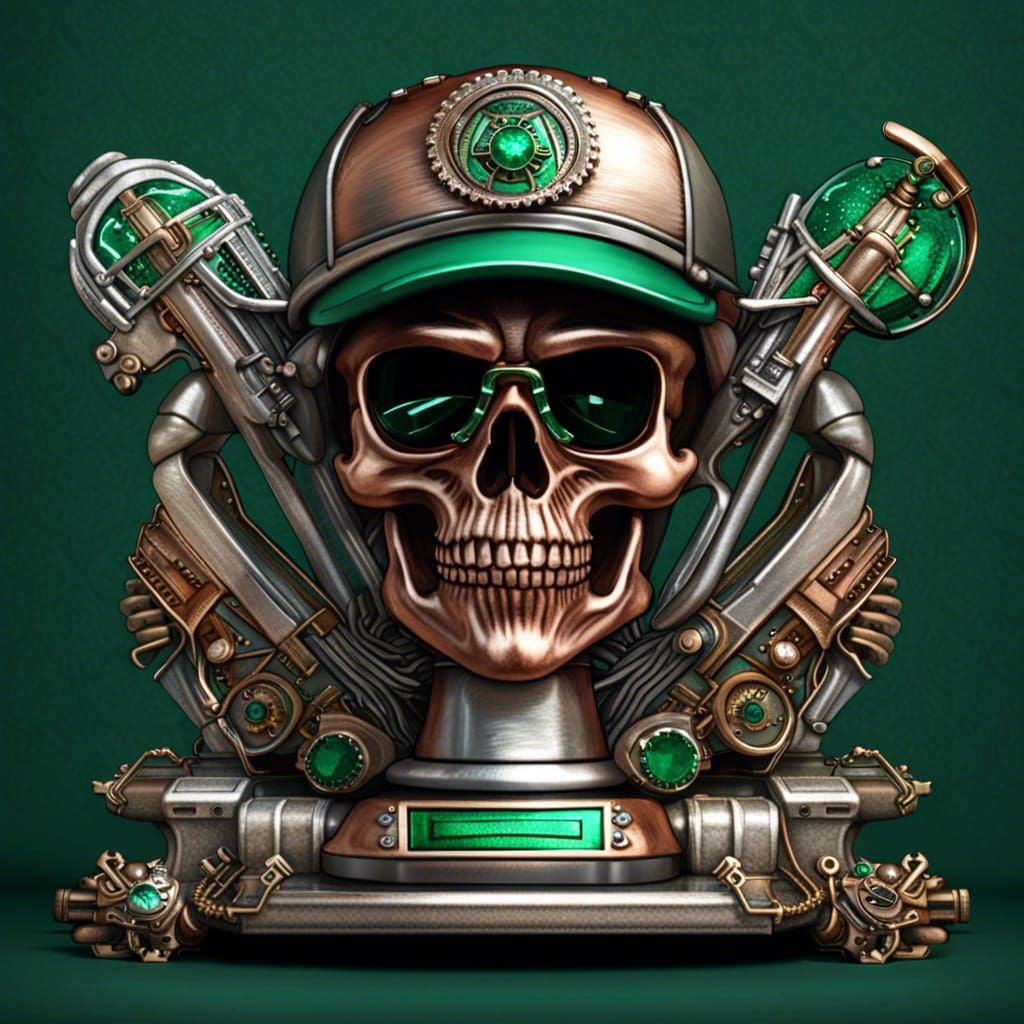 Steampunk Baseball Skull Trophy in Cyberpunk Style