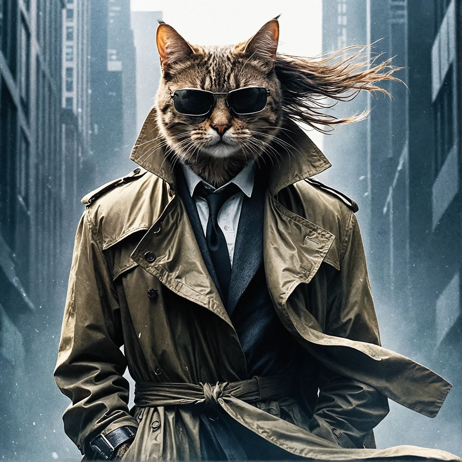 Cyberpunk Cat Action Hero in Neo-Noir Setting