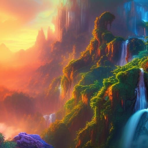 Steampunk Jungle with Sapphire Waterfall at Sunset