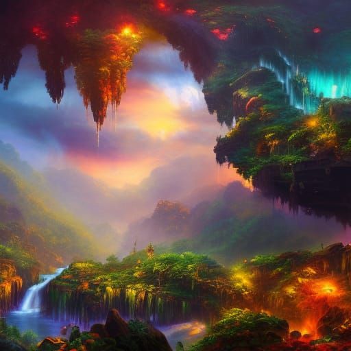 Steampunk Jungle with Sapphire Waterfall at Sunset