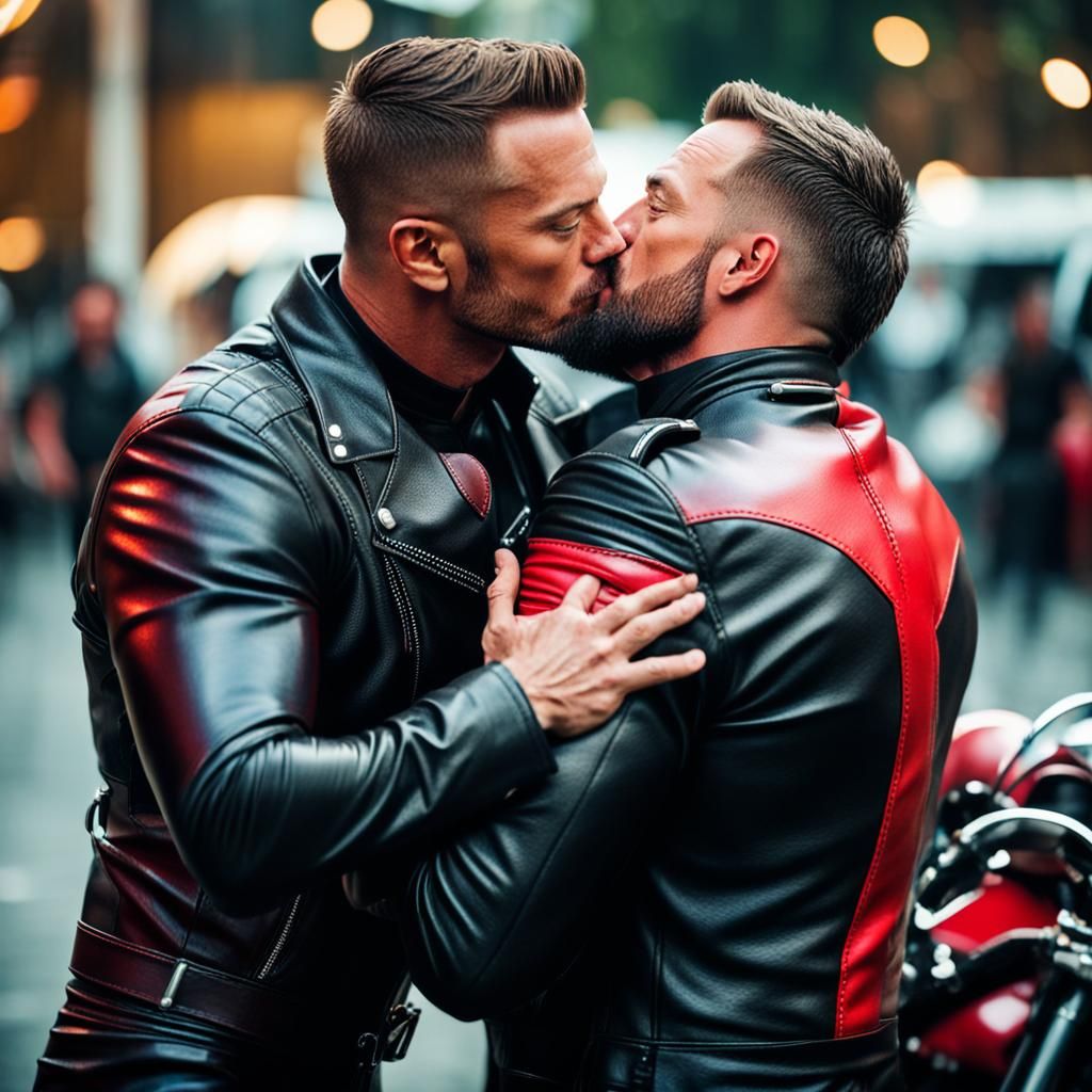 Handsome Gay Bikers Kissing in Leather Suits