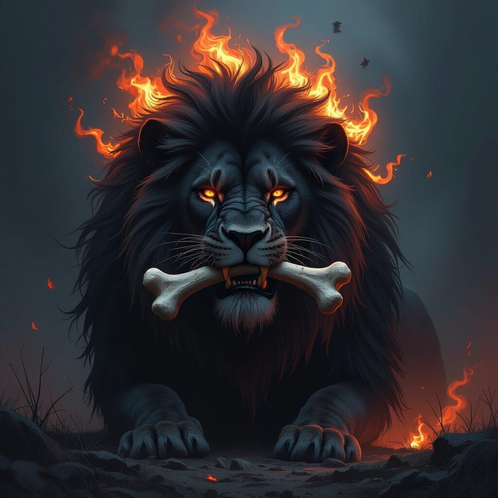 Fiery Black Lion with Bone: Dark Fantasy Art