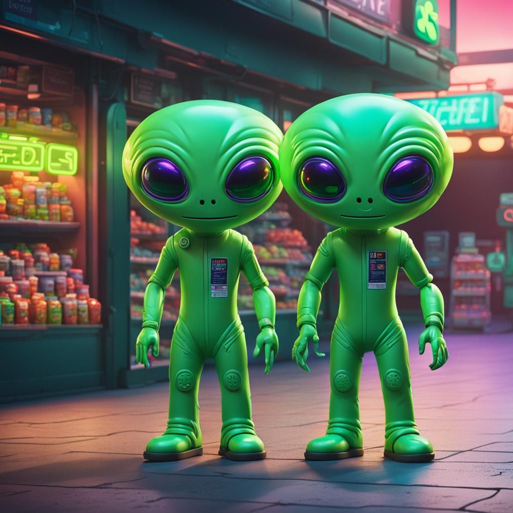Two Cute Aliens at a Neon Convenience Store