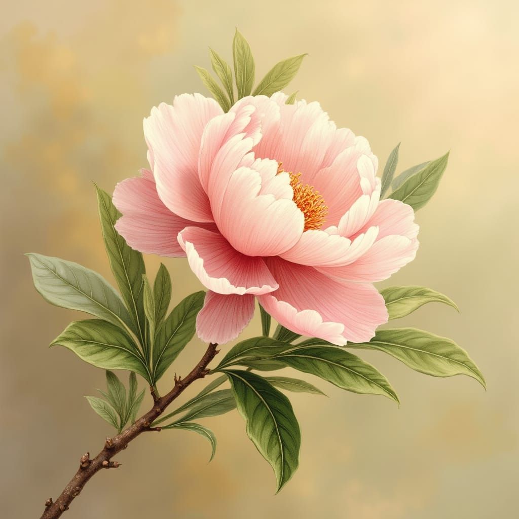 Lush Peony Branch in Whimsical Botanical Style