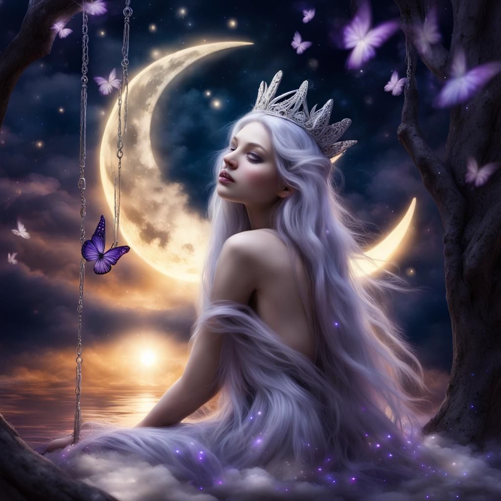Moon Goddess Lounging in Heavenly Starry Night