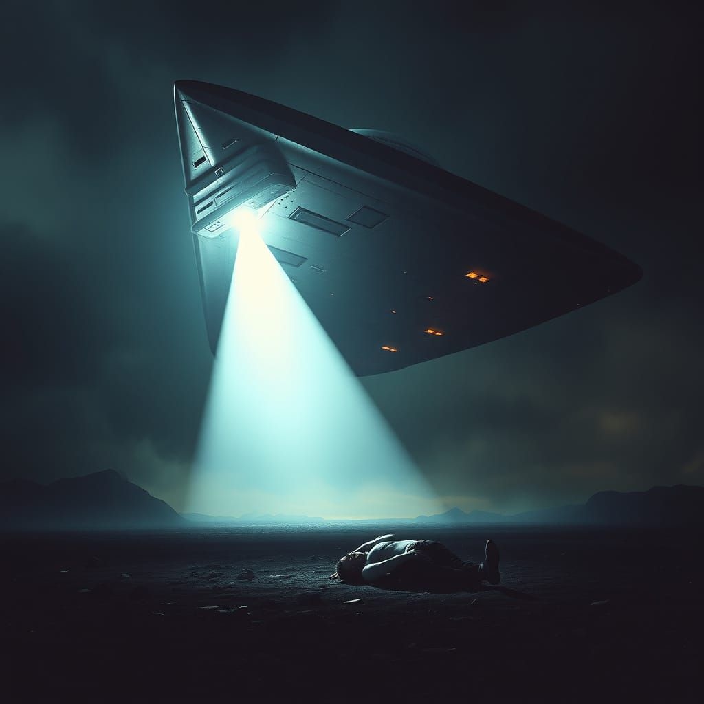 Giant Triangular UFO Zaps Man in Desolate Landscape