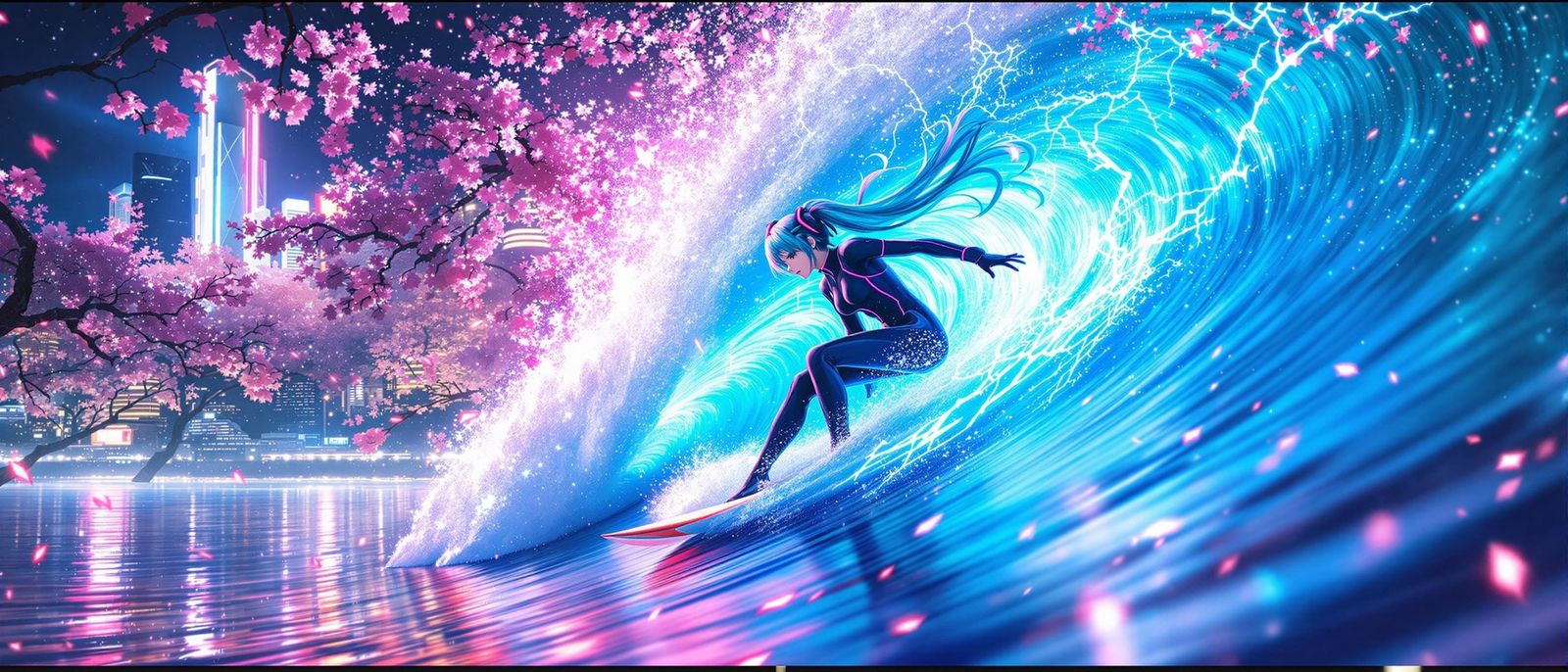 Vocaloid Idol Surfs Electric Blue Wave Amidst Cherry Blossom...