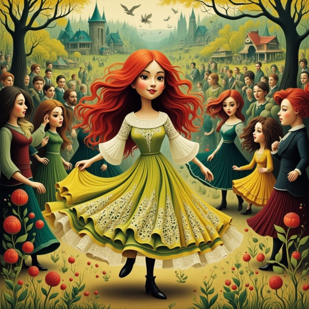 Irish Woman Dancing at Spring Fair in Crochet Dress