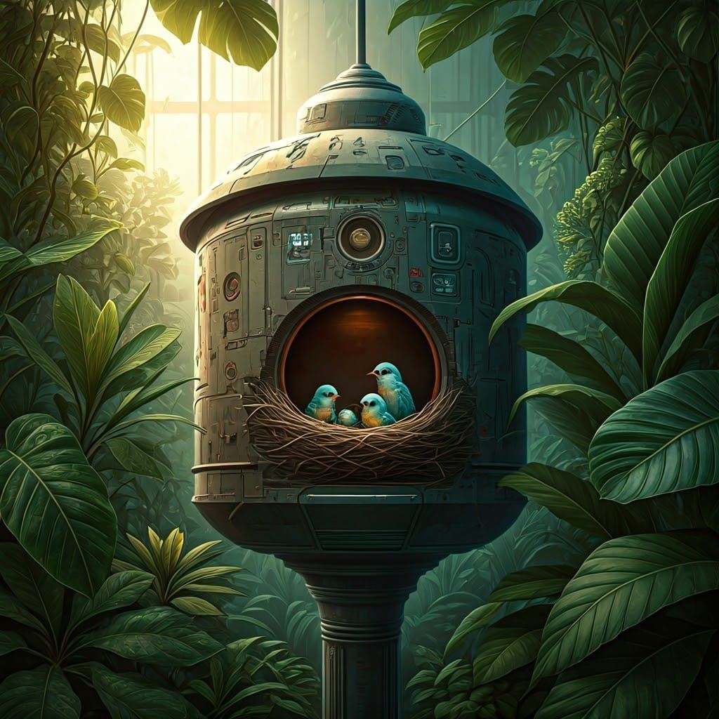 Cyberpunk Birdhouse in Overgrown Penthouse Garden