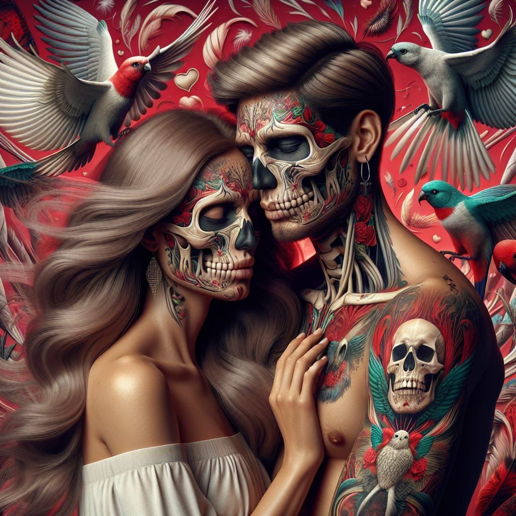 Hyperrealistic Skulls Embrace in Vibrant Red and White