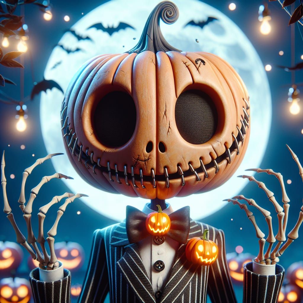 Whimsical Pumpkin Character Under a Spooky Moon