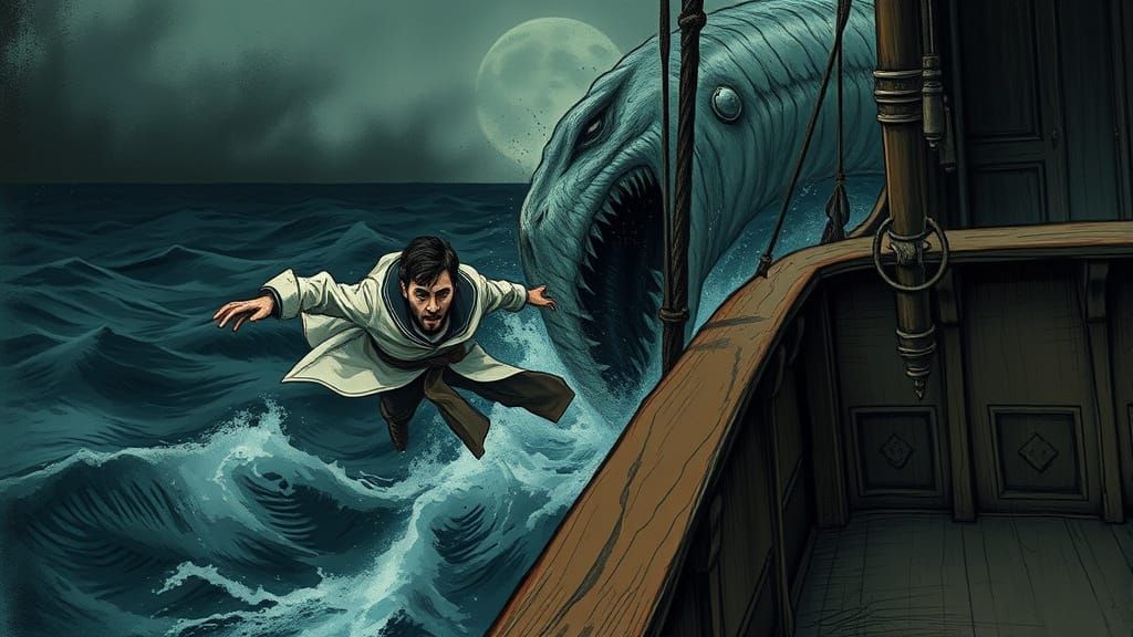 Man in Sailor's Coat Falls to Sea Monster