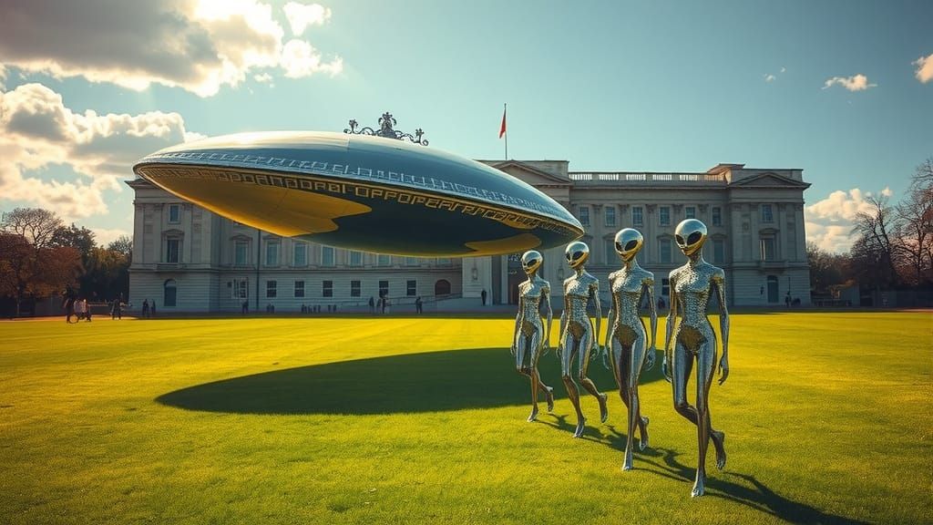 Alien visitors arrive in a Space Ship in Buckingham Palace grounds