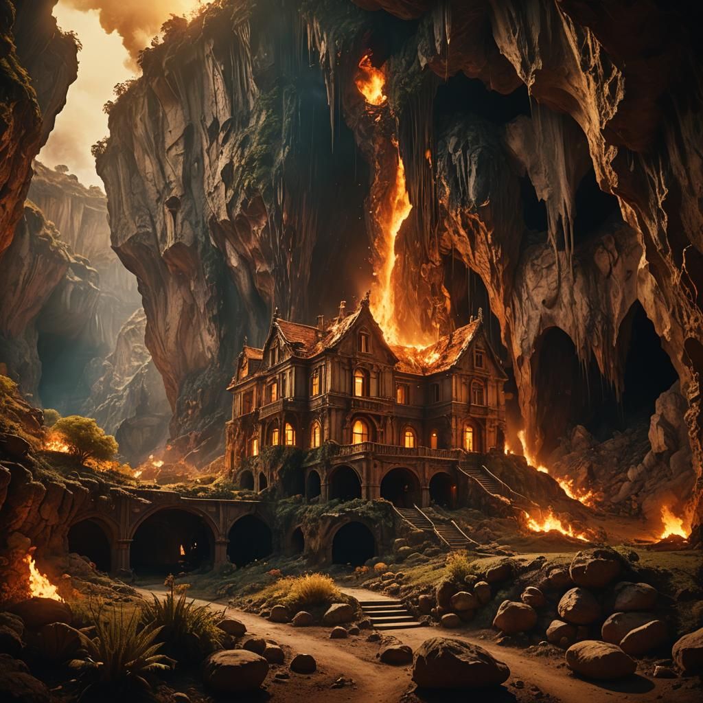 Burning House Inside Jupiter Cave: Cinematic Still