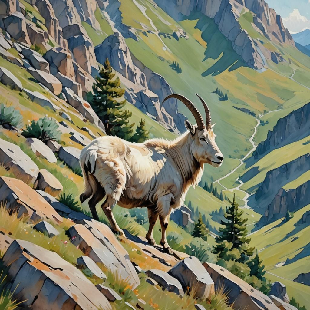 Rocky Mountain Goat in Gouache Impressionist Style