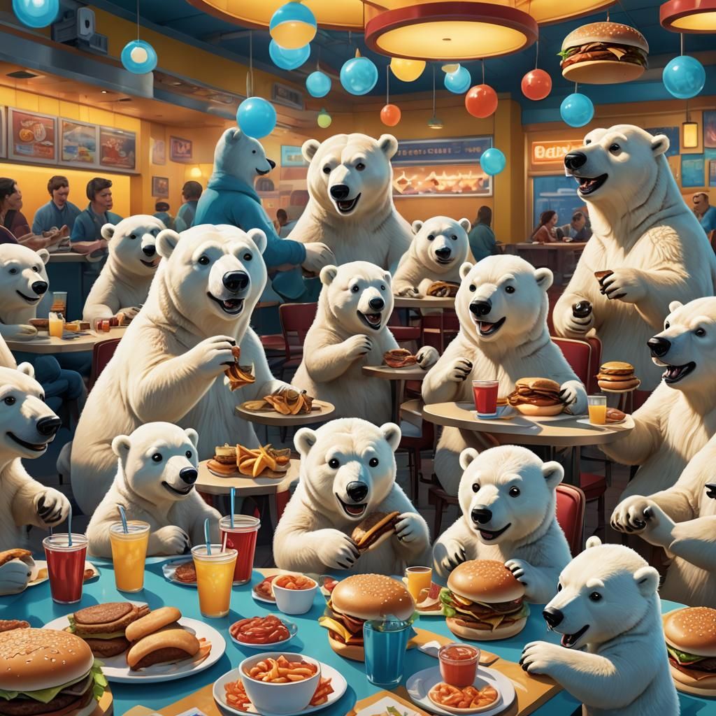 Polar Bear Cubs in Restaurant, Pixar-Style 3D