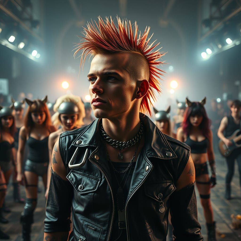 Cyberpunk Punk Rocker Standing with Girl Band and Crowd in F...