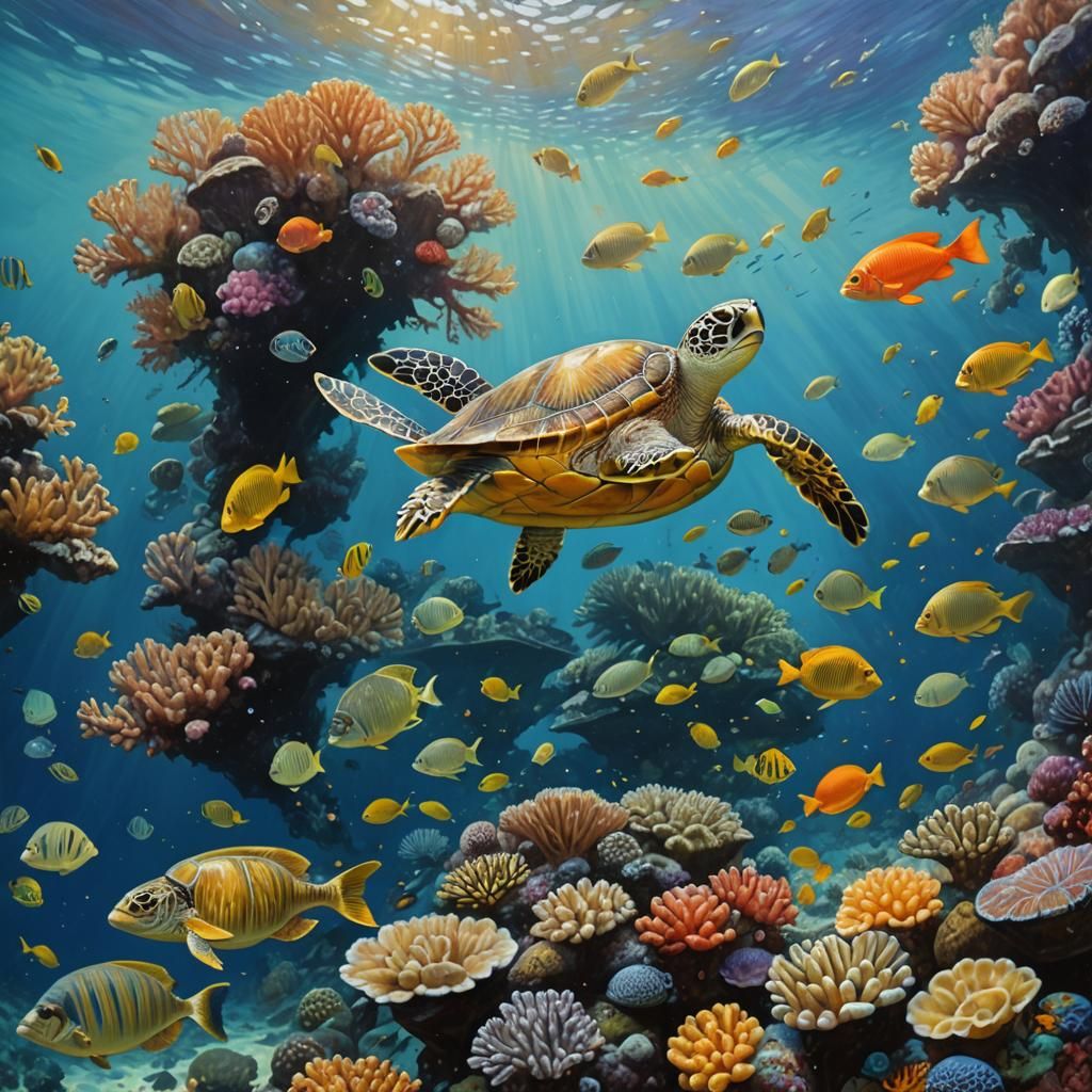 Sea Turtle in Coral Reef, Oil Painting
