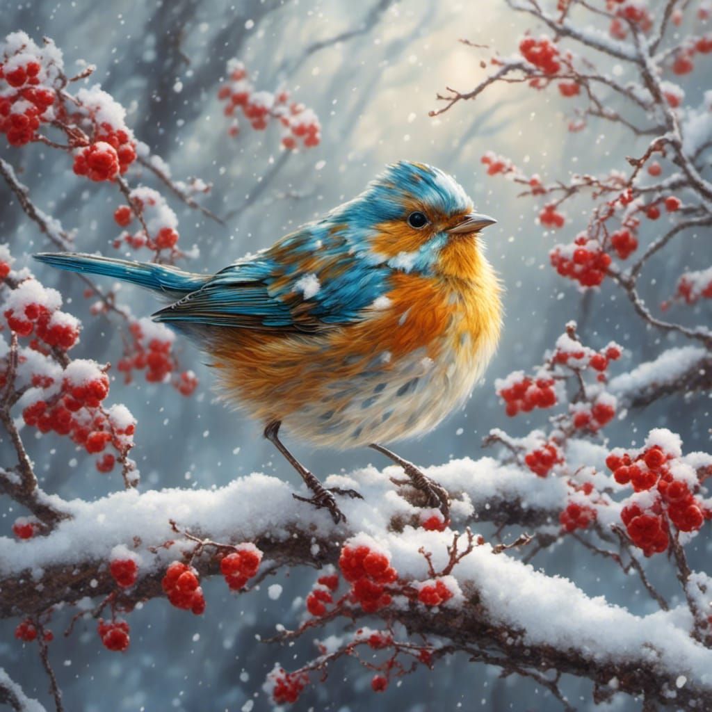 Hyperrealistic Bird in Winter Snowscape