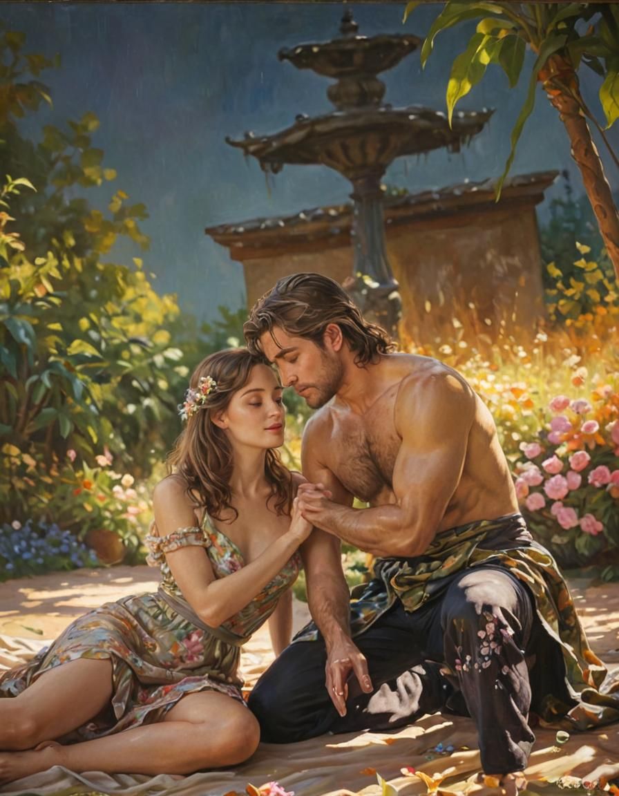 Lovers Embrace in Garden: Impressionistic Oil Painting